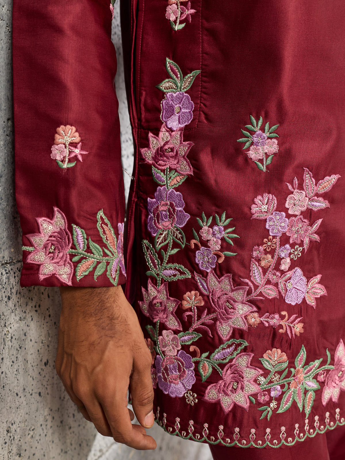 Grand Maroon Thread Work Viscose Reception Wear Men's Kurta Set