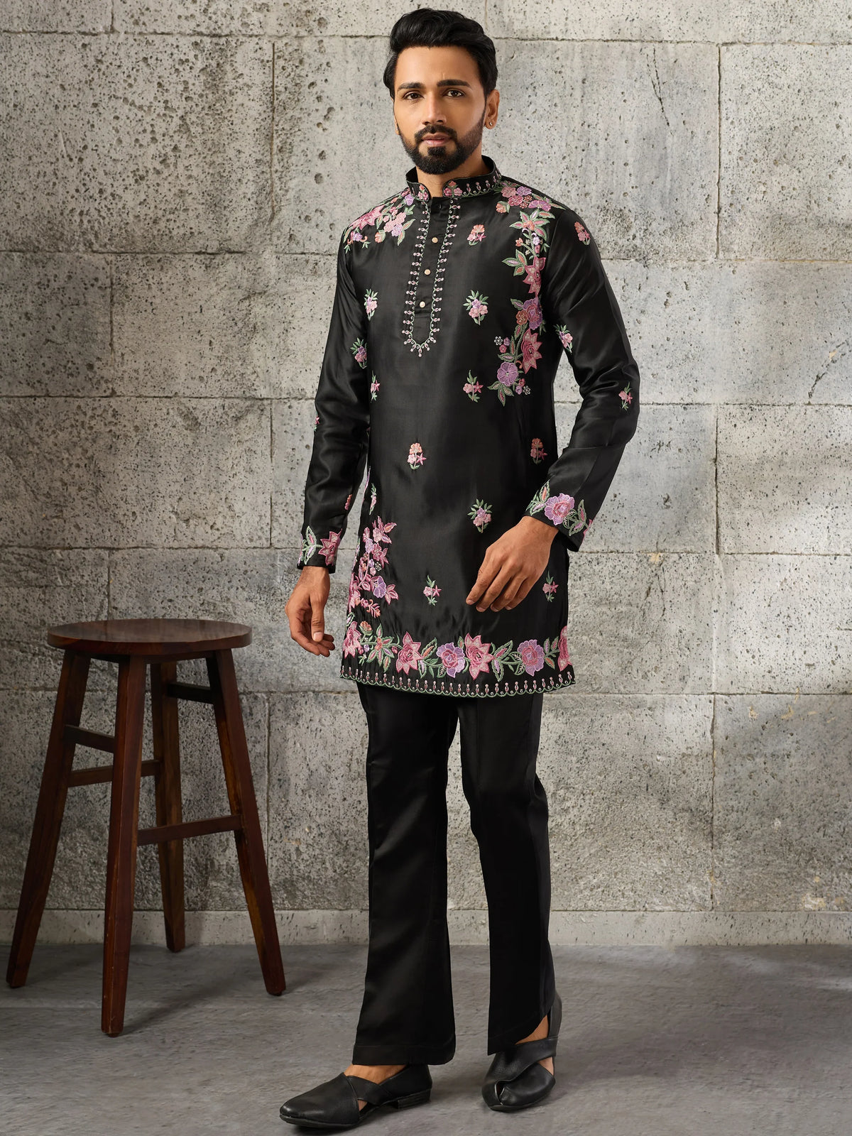 Superb Black Floral Embroidery Event Wear Men's Kurta With Bottom