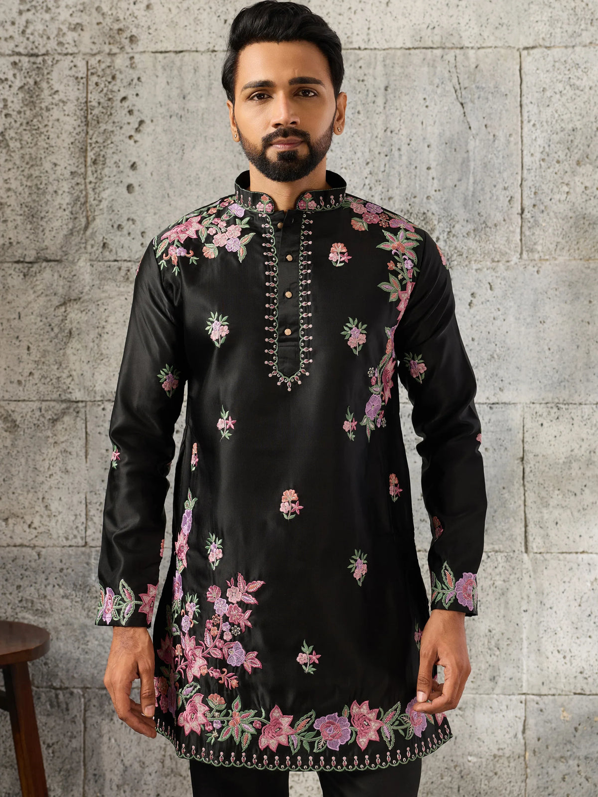 Superb Black Floral Embroidery Event Wear Men's Kurta With Bottom