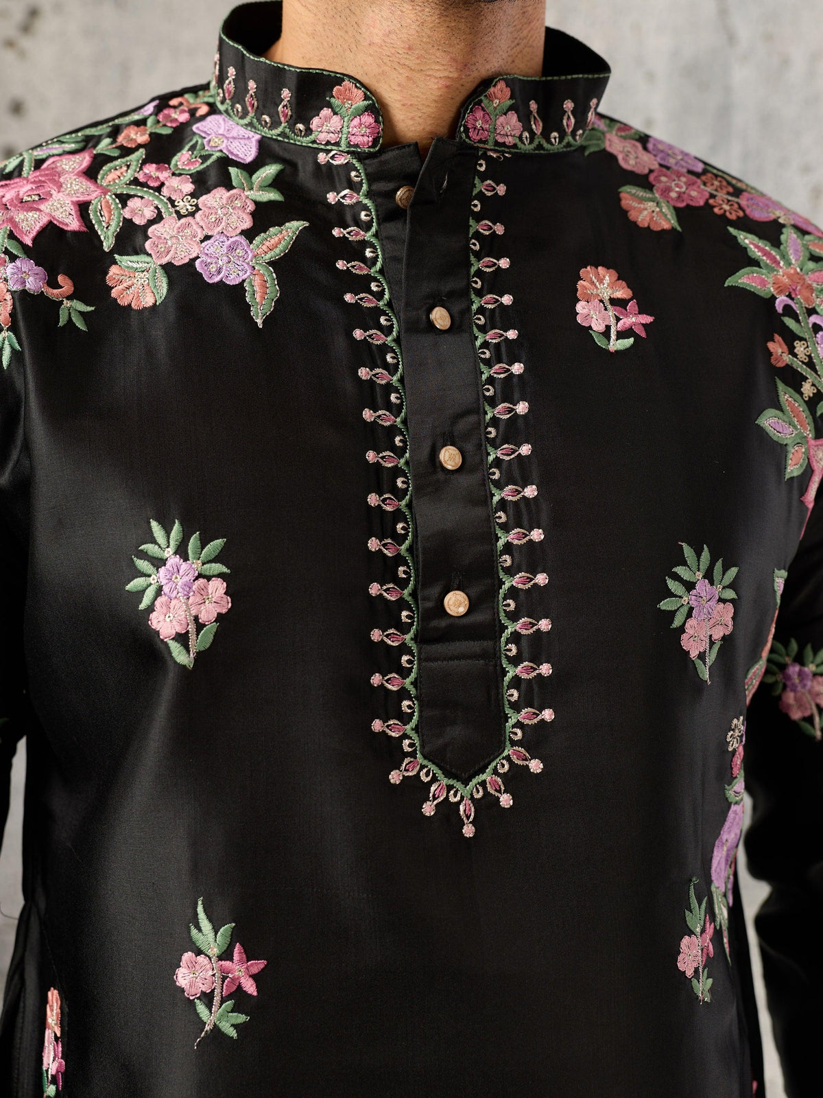 Superb Black Floral Embroidery Event Wear Men's Kurta With Bottom
