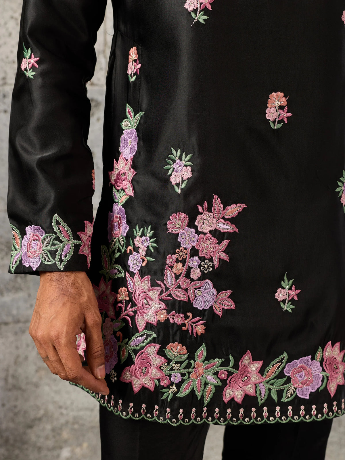 Superb Black Floral Embroidery Event Wear Men's Kurta With Bottom