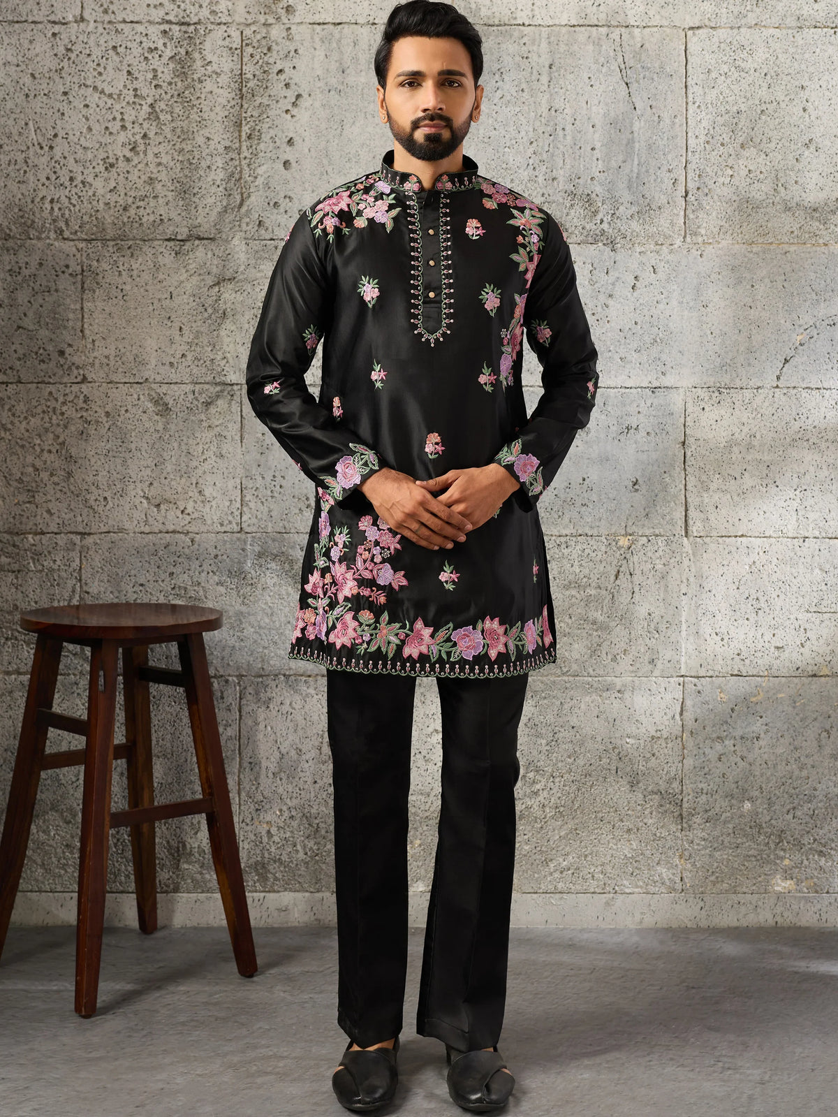 Superb Black Floral Embroidery Event Wear Men's Kurta With Bottom
