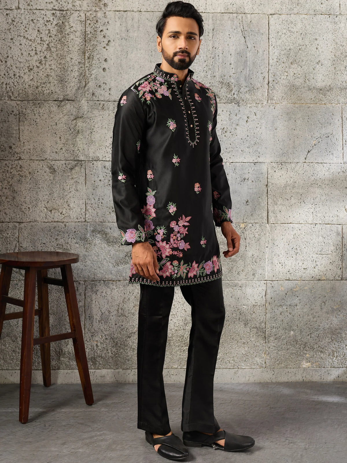 Superb Black Floral Embroidery Event Wear Men's Kurta With Bottom