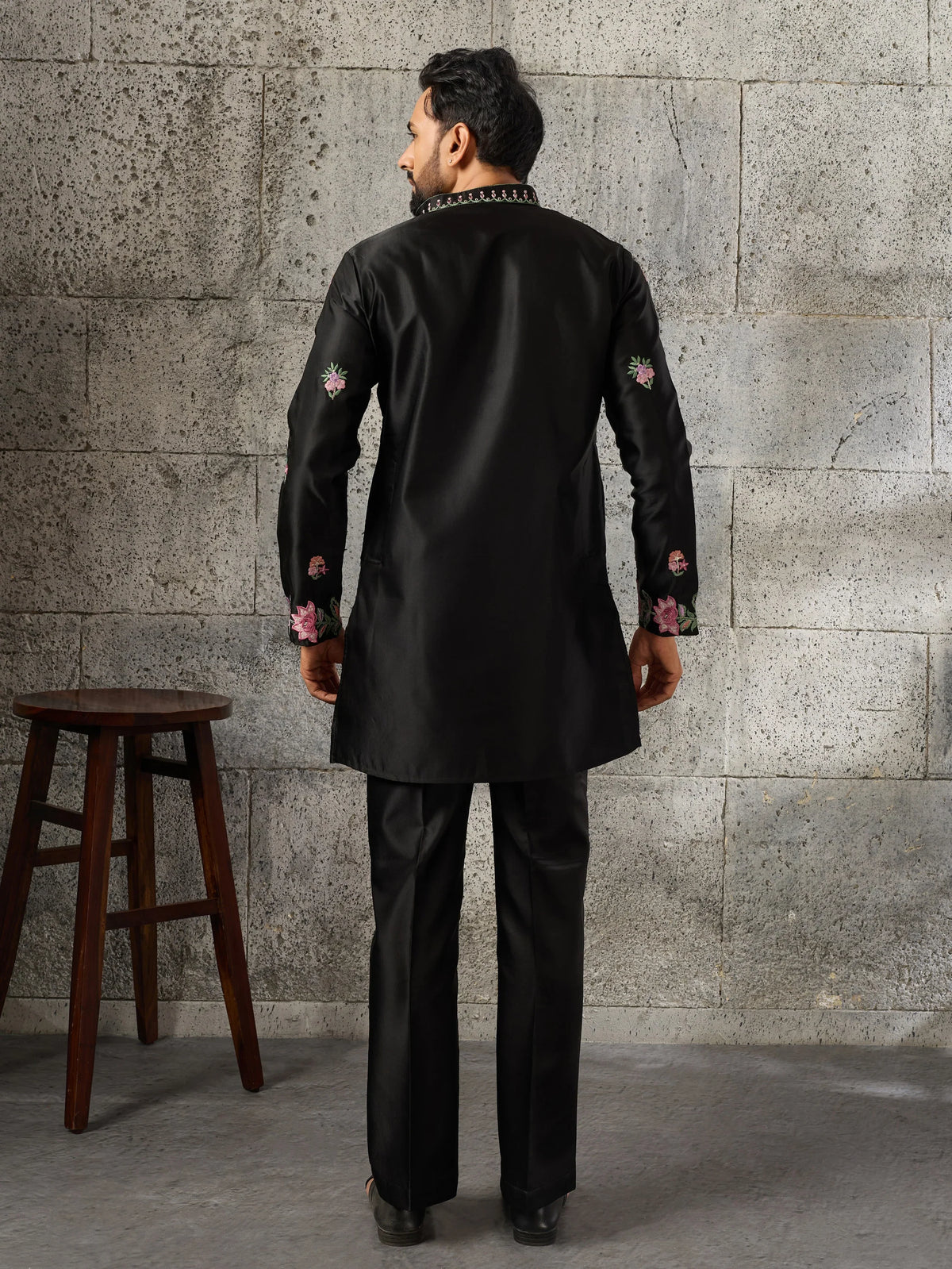 Superb Black Floral Embroidery Event Wear Men's Kurta With Bottom
