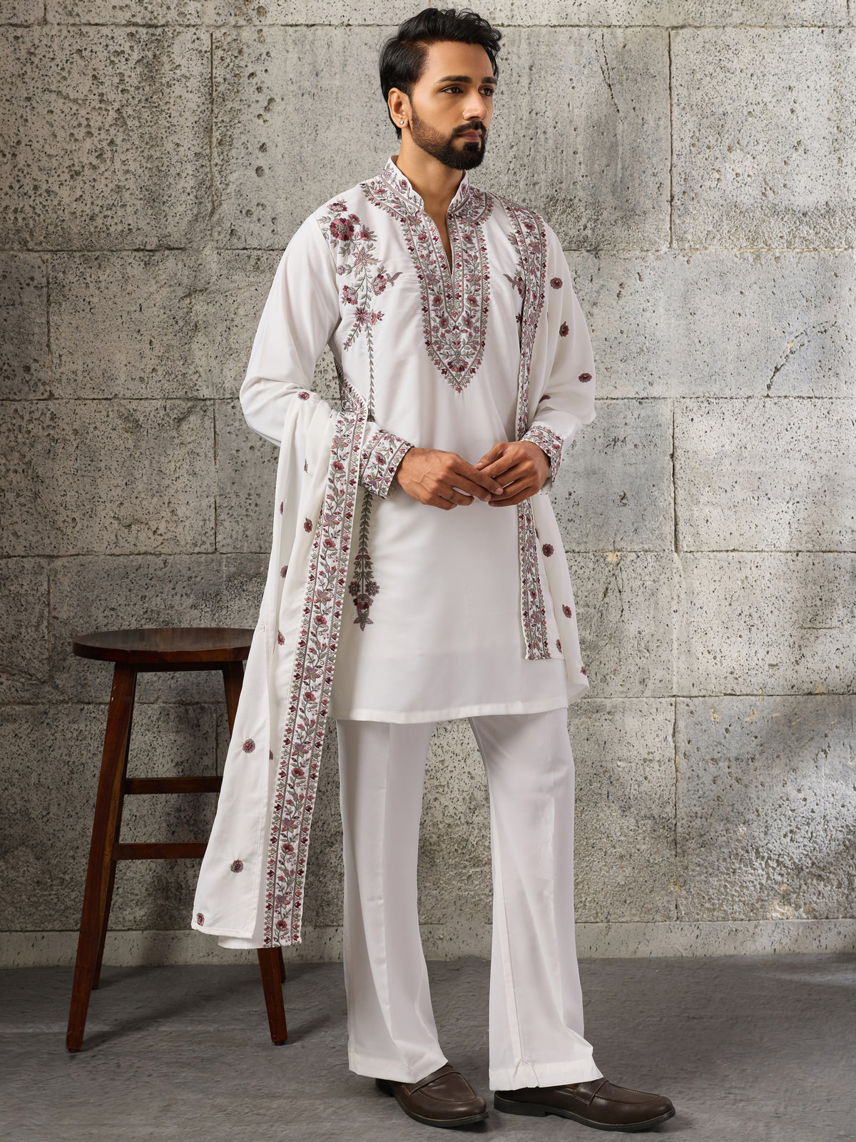 Rich White Floral Embroidery Wedding Wear Men's Kurta Set With Dupatta
