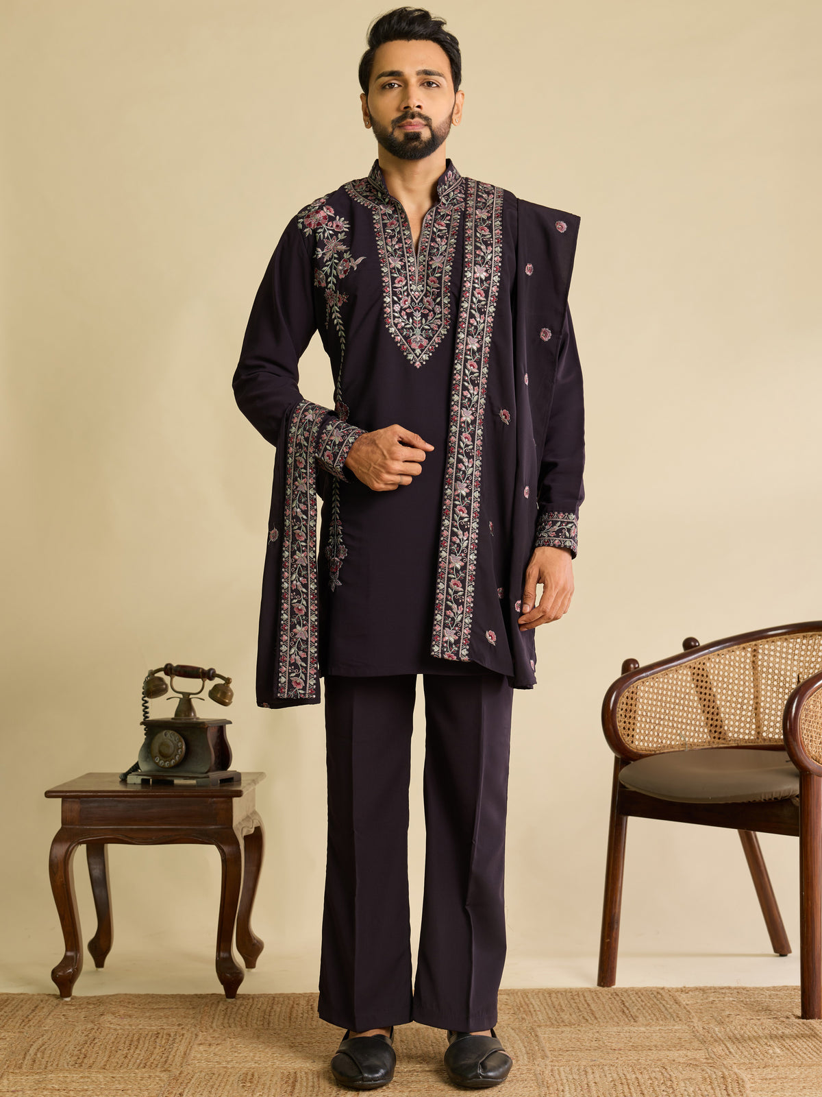 Awesome Wine Sequins Silk Engagement Wear Men's Kurta Set With Dupatta