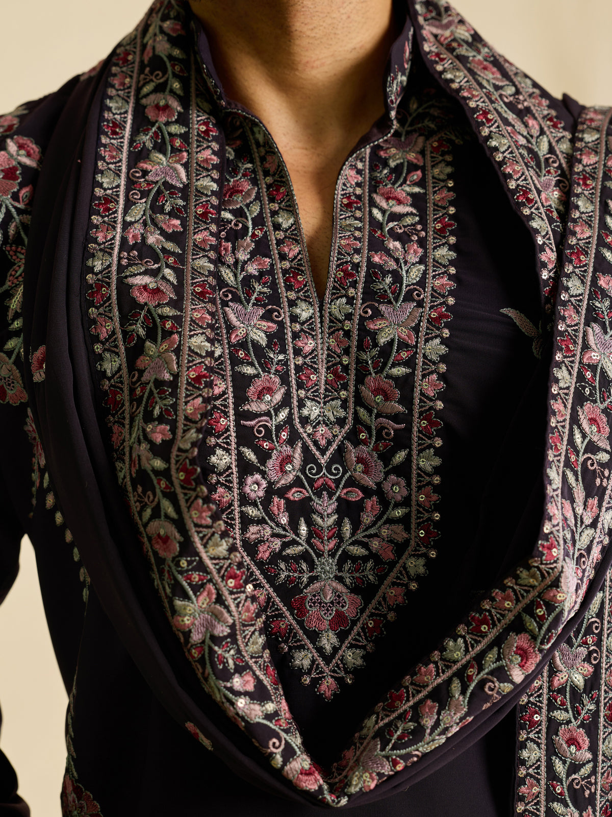 Awesome Wine Sequins Silk Engagement Wear Men's Kurta Set With Dupatta
