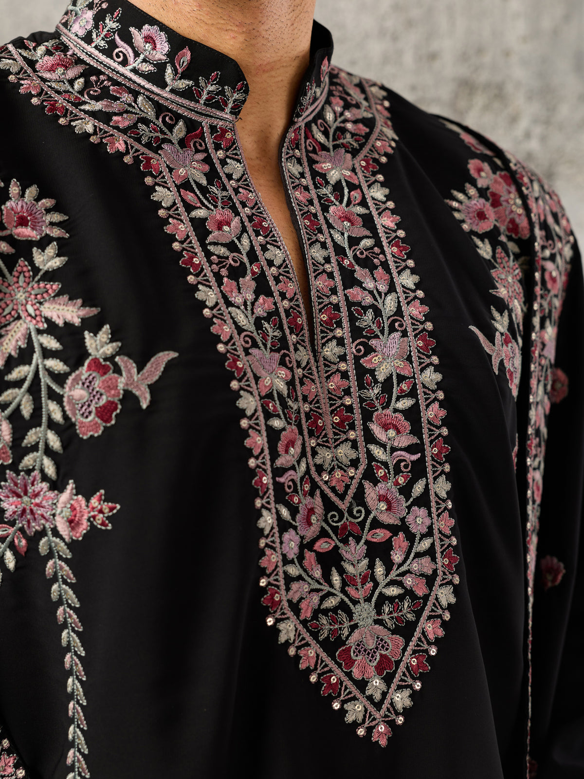 Classy Black Thread Work Silk Evening Wear Men's Kurta Set With Dupatta