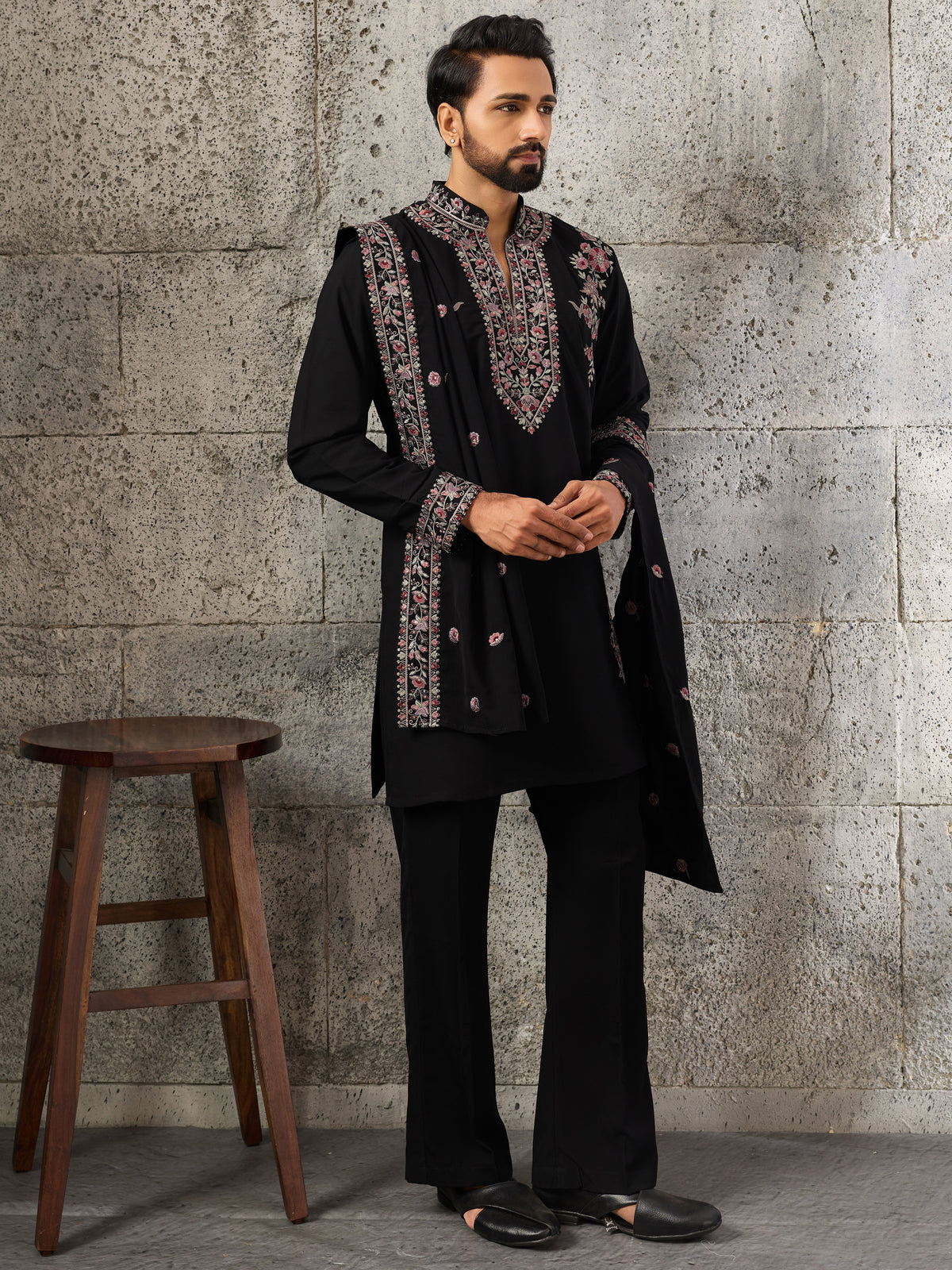 Classy Black Thread Work Silk Evening Wear Men's Kurta Set With Dupatta