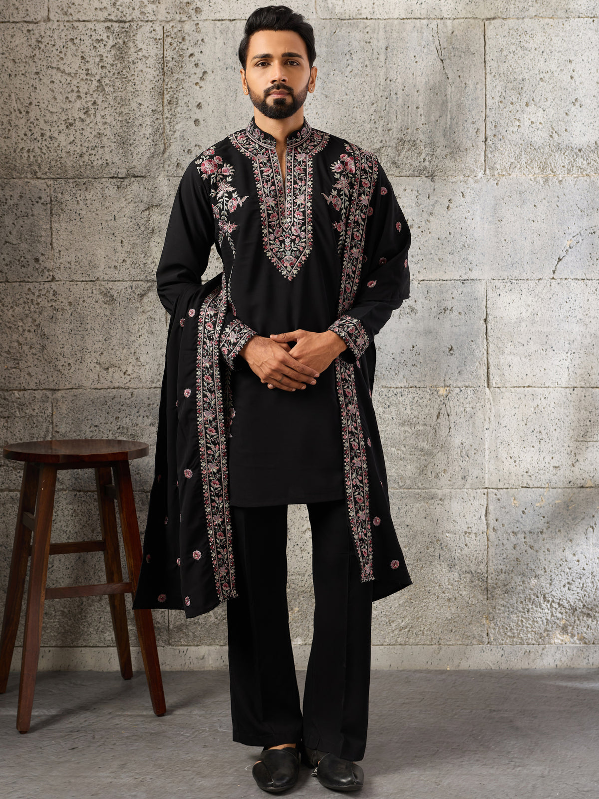 Classy Black Thread Work Silk Evening Wear Men's Kurta Set With Dupatta