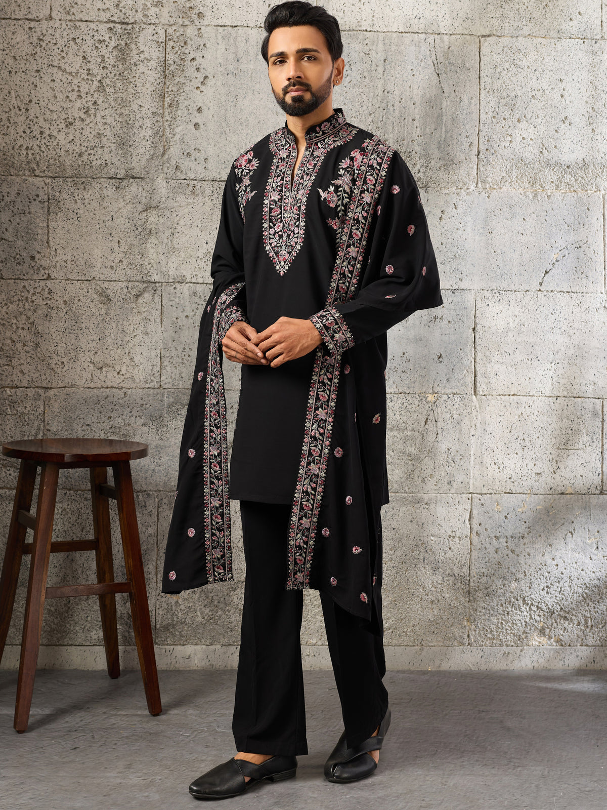Classy Black Thread Work Silk Evening Wear Men's Kurta Set With Dupatta