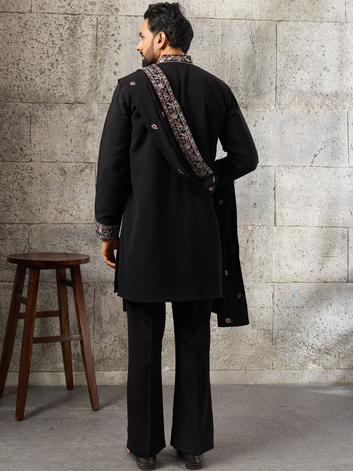 Classy Black Thread Work Silk Evening Wear Men's Kurta Set With Dupatta
