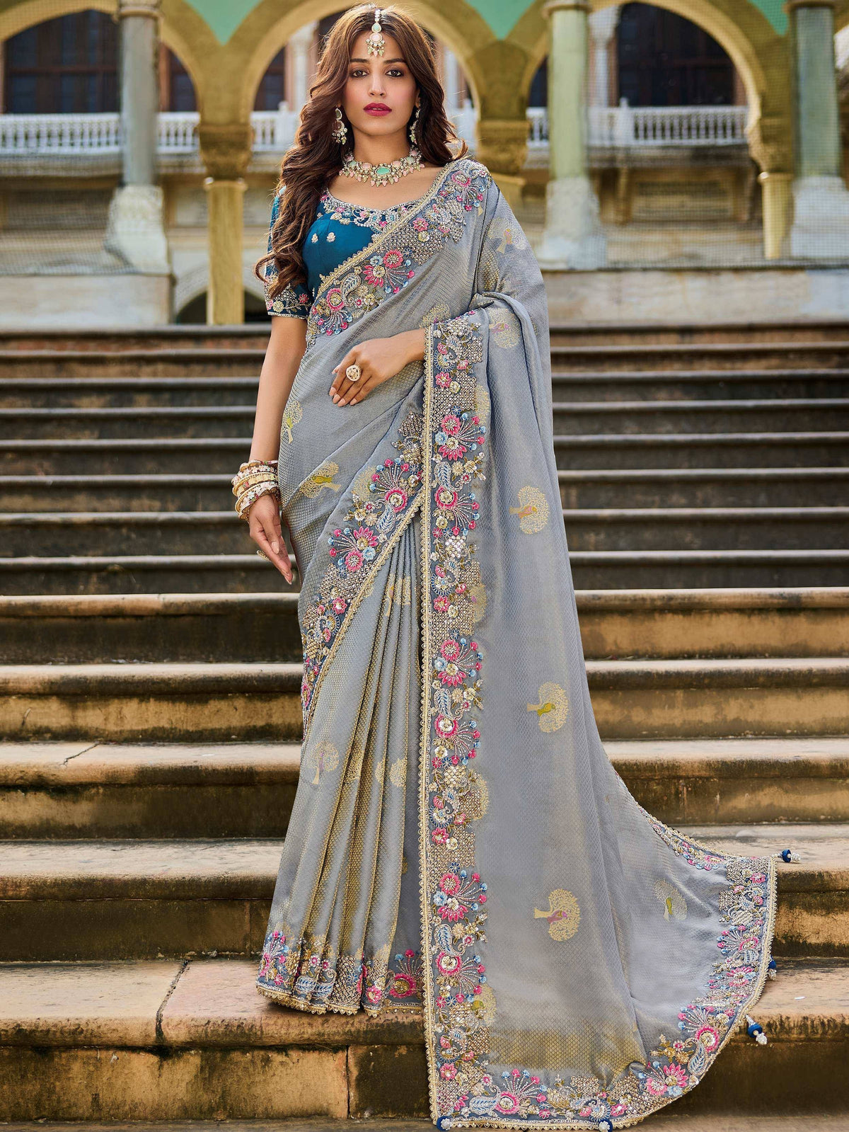Amazing Grey Embroidered Tissue Wedding Wear Saree With Blouse