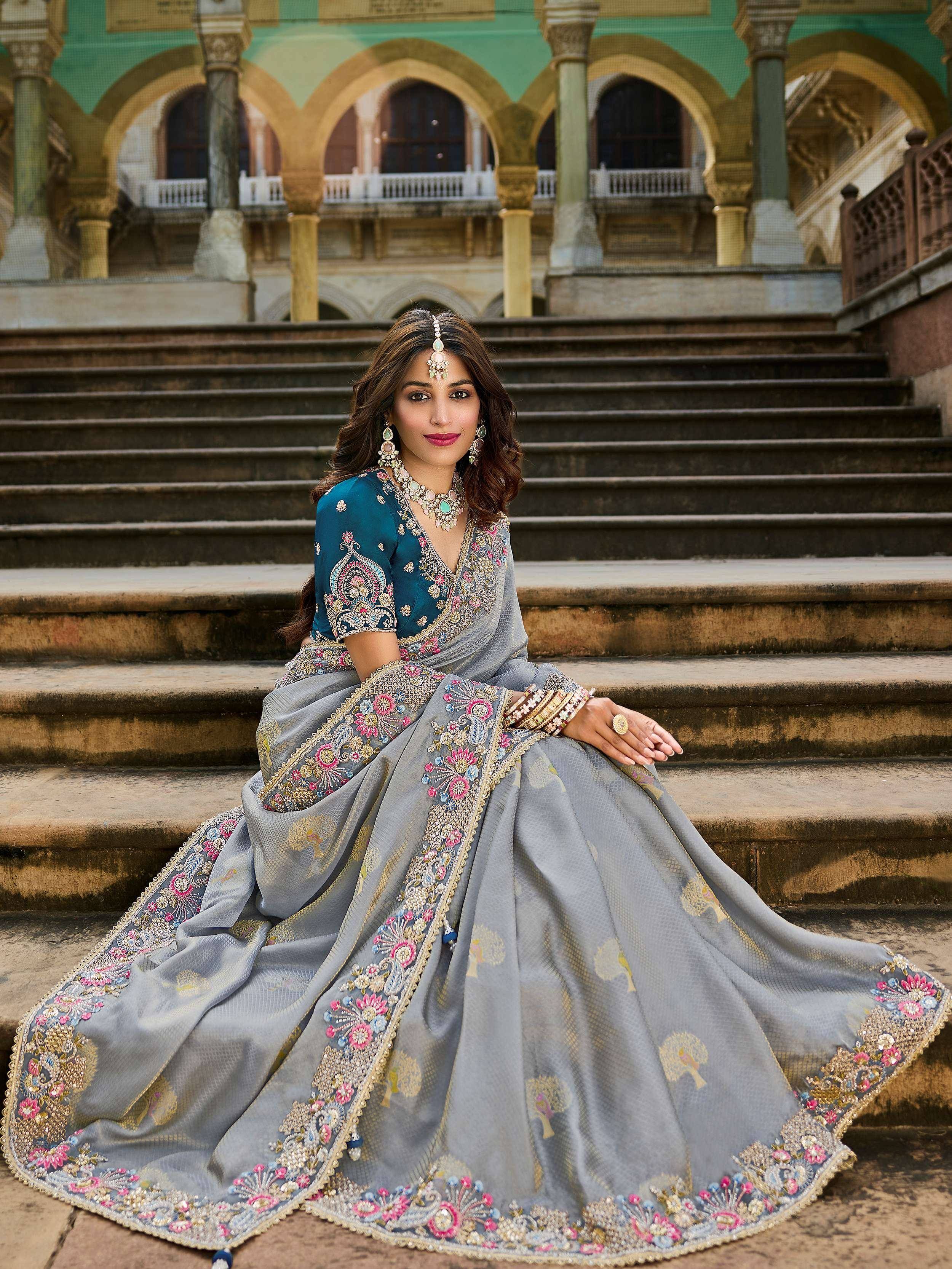 Amazing Grey Embroidered Tissue Wedding Wear Saree With Blouse