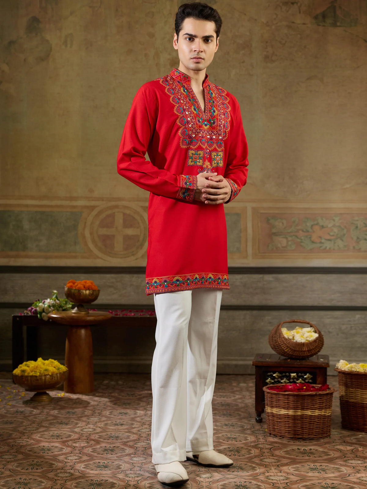 Precious Red Thread Work Viscose Rayon Navratri Wear Men's Kurta