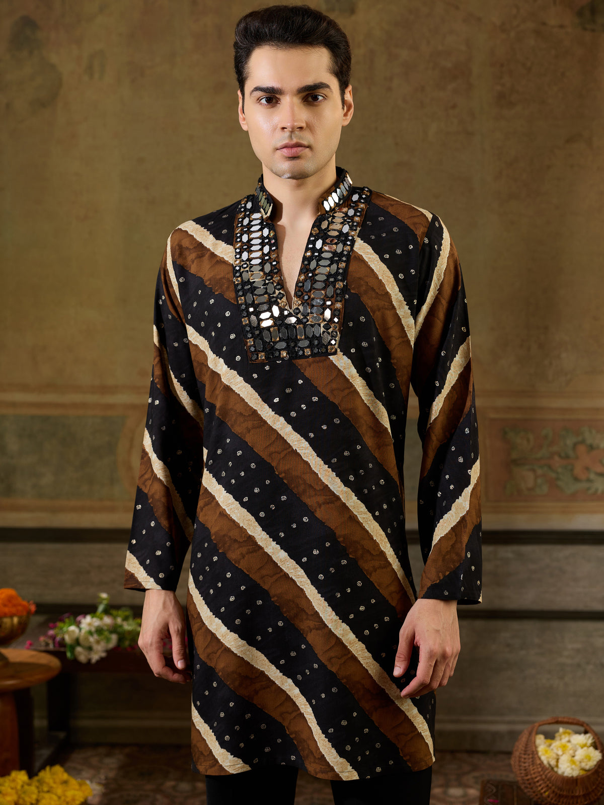 Classic Black Leheriya Printed Rayon Navratri Special Men's Kurta