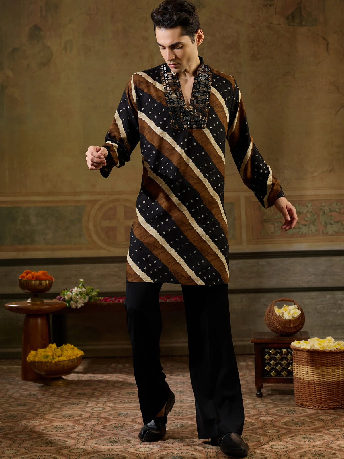 Classic Black Leheriya Printed Rayon Navratri Special Men's Kurta