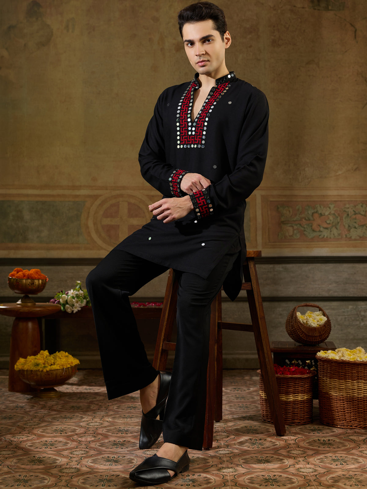 Stunning Black Thread Work Viscose Rayon Navratri Special Men's Kurta