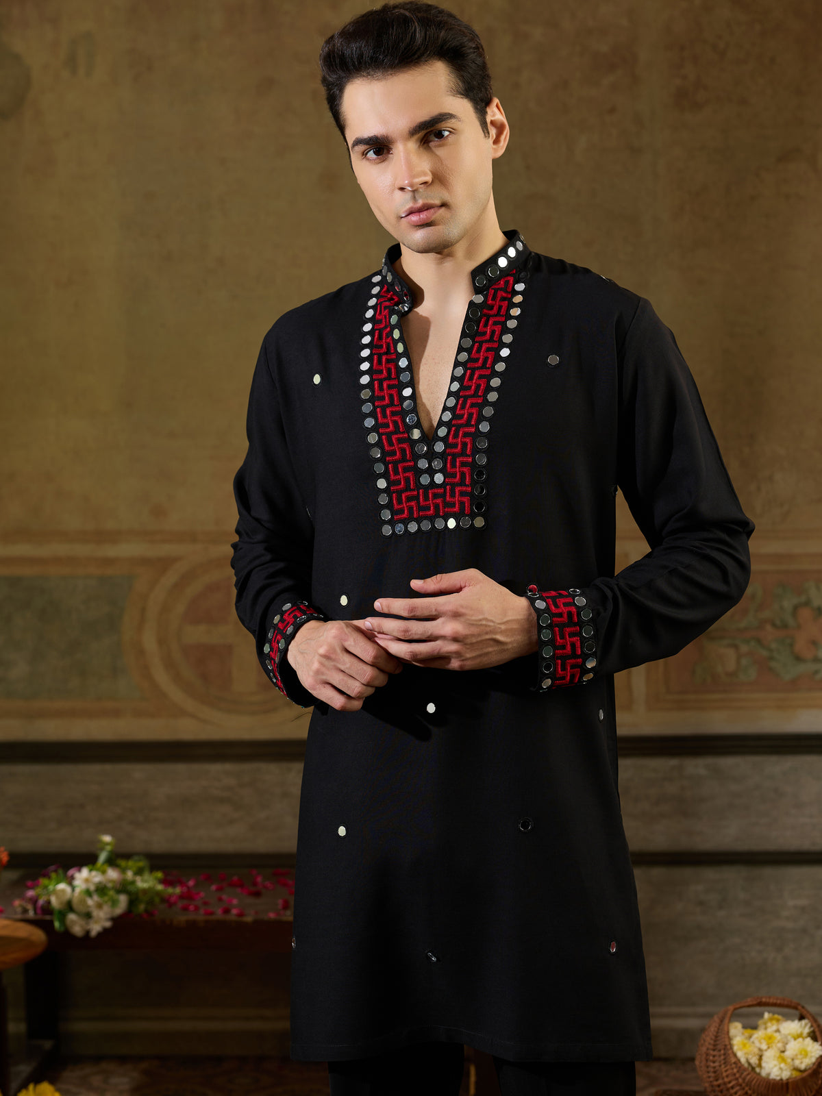 Stunning Black Thread Work Viscose Rayon Navratri Special Men's Kurta