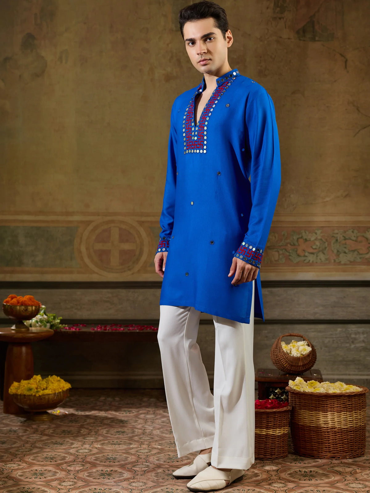 Dazzling Royal Blue Mirror Work Viscose Rayon Navratri Wear Men's Kurta