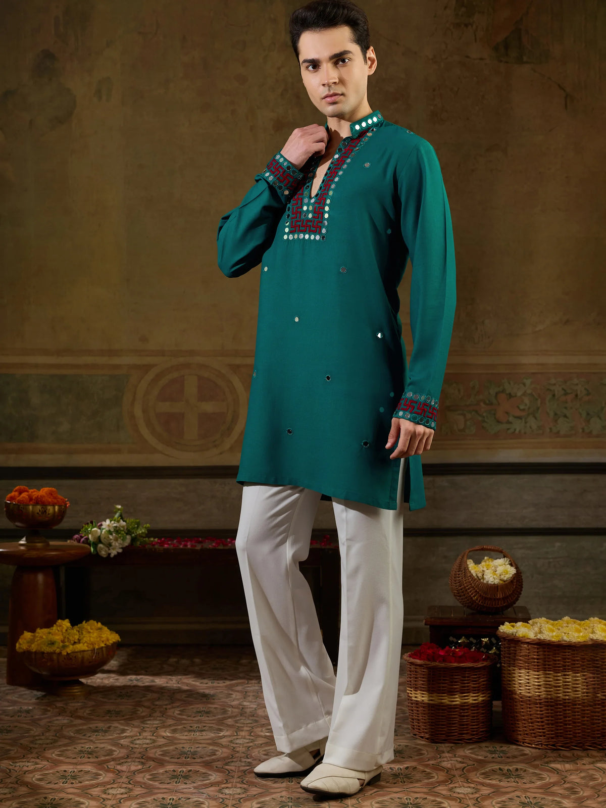 Great Teal Green Thread Work Viscose Rayon Navratri Wear Men's Kurta