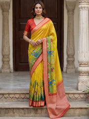 Alluring Mustard Pichwai Printed Silk Haldi Wear Saree With Blouse