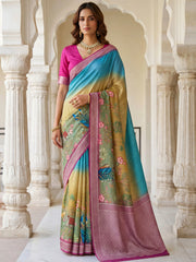 Amazing Blue And Yellow Printed Silk Festival Wear Saree With Blouse