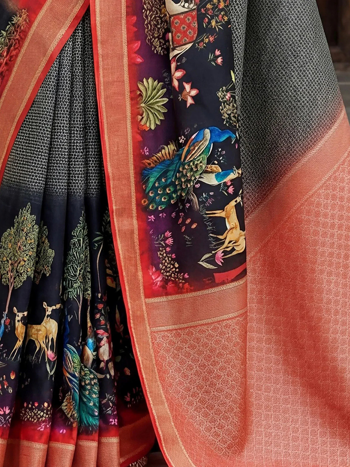 Black saree with peacock and deer print, orange border, ethnic wear for women