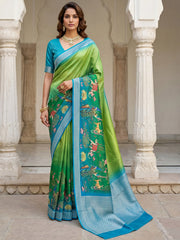 Outstanding Green Pichwai Printed Silk Function Wear Saree With Blouse