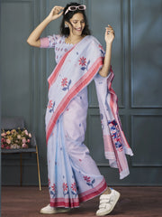 Beautiful Sky Blue Floral Printed Linen Office Wear Saree With Blouse