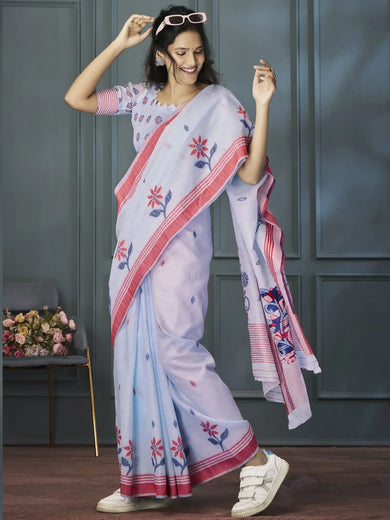 Beautiful Sky Blue Floral Printed Linen Office Wear Saree With Blouse