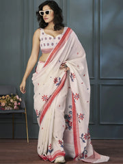 Attractive Light Peach Floral Printed Linen Festival Wear Saree With Blouse