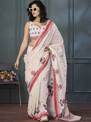 Attractive Light Peach Floral Printed Linen Festival Wear Saree With Blouse