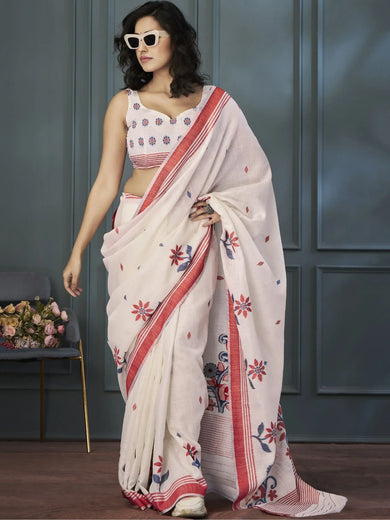 Attractive Light Peach Floral Printed Linen Festival Wear Saree With Blouse