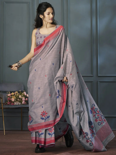 Pretty Grey Floral Printed Linen Festival Wear Saree With Blouse