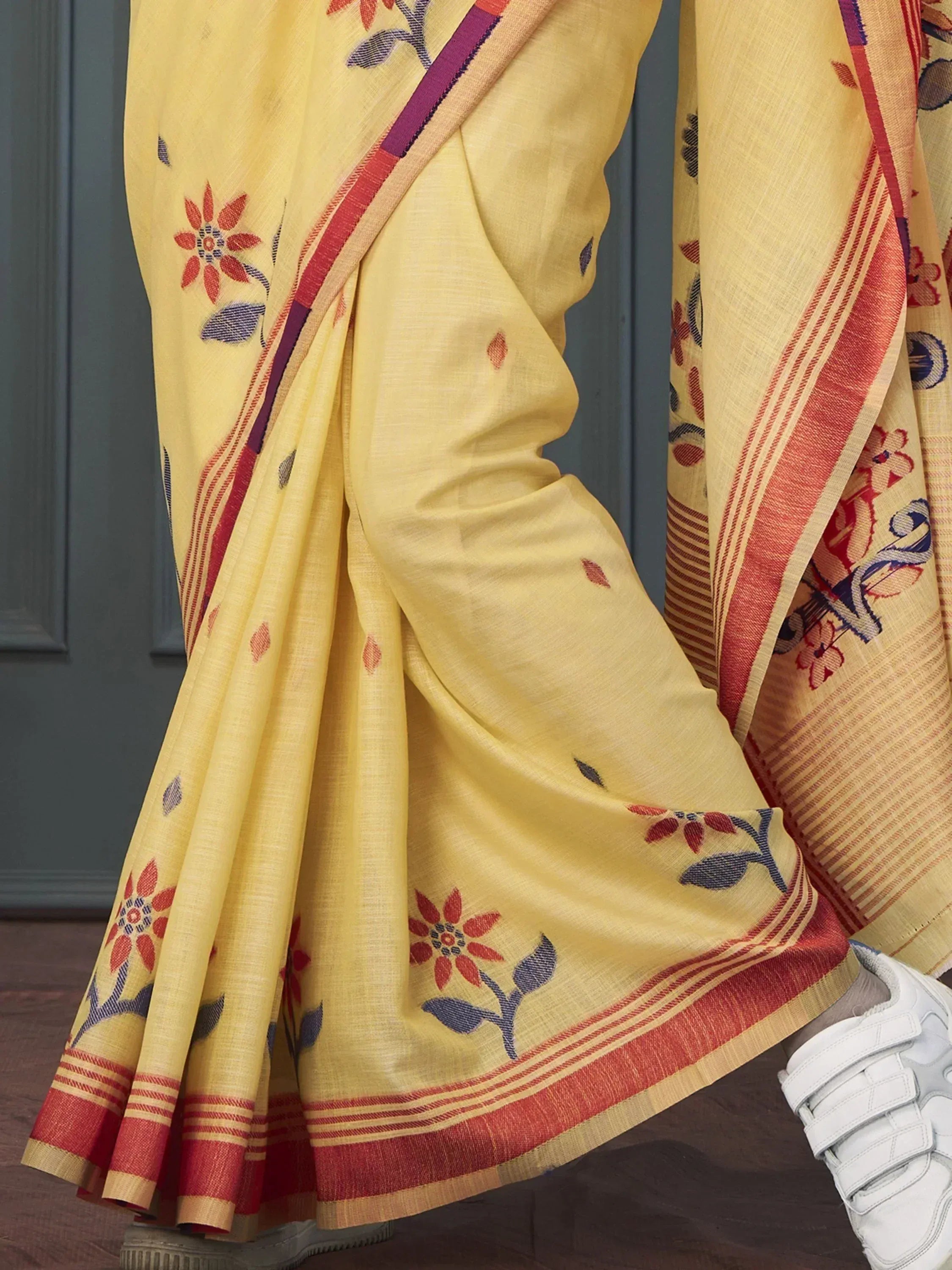 Yellow floral printed saree with red border, ethnic Indian wear for women