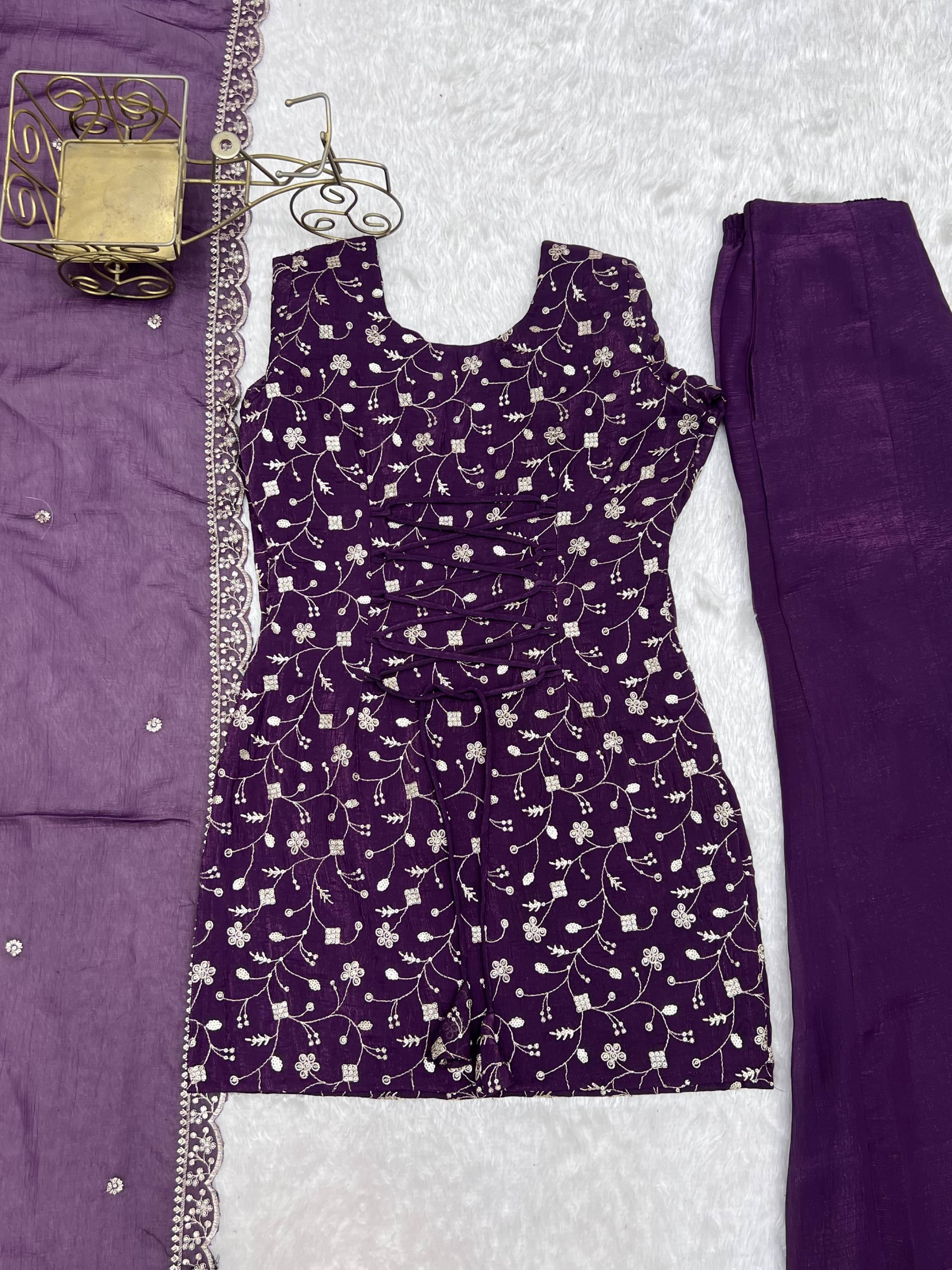 Beautiful Purple Sequins Silk Function Wear Pant Suit