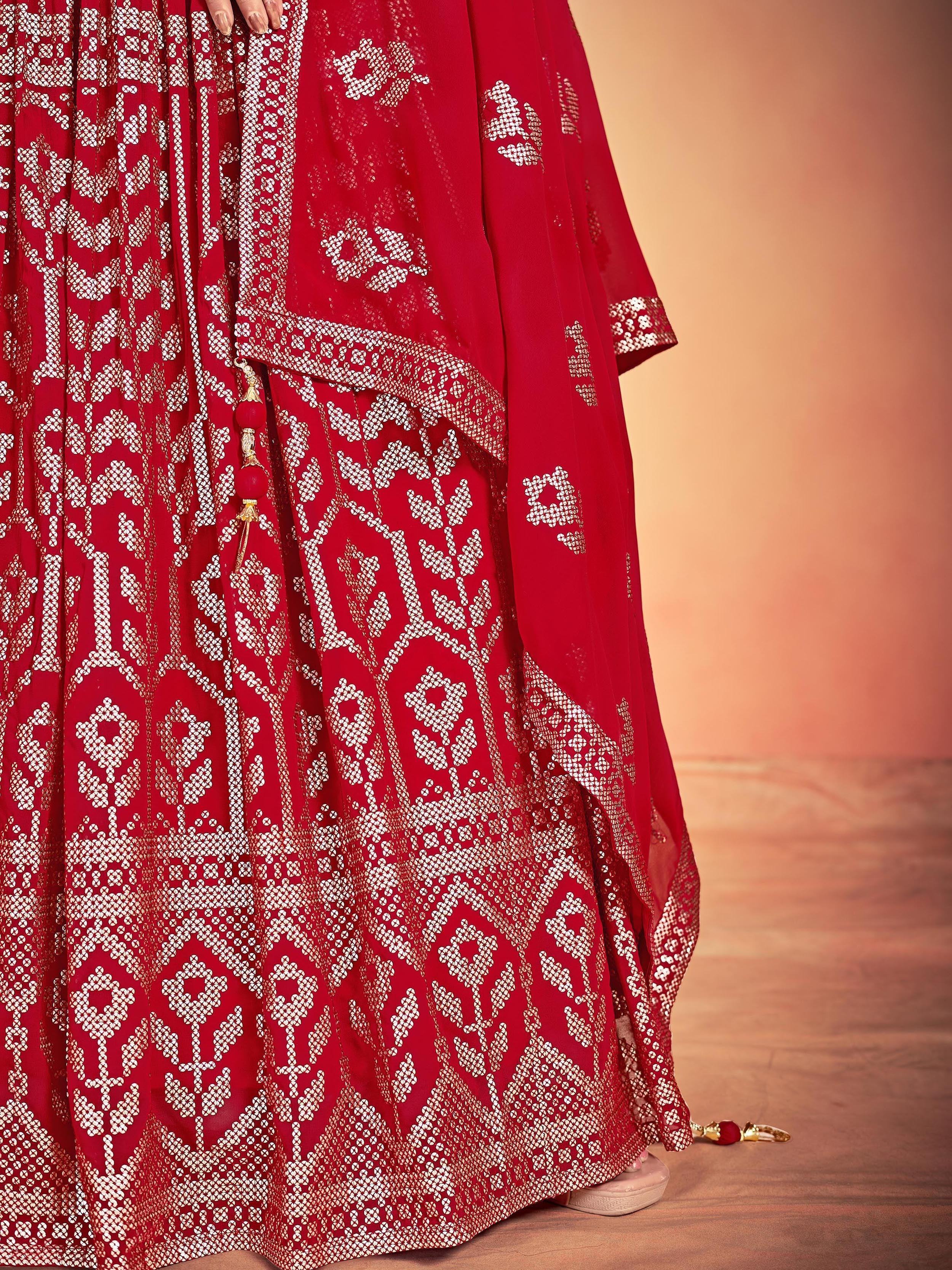 Lovely Red Sequins Georgette Sangeet Wear Lehenga Choli With Dupatta