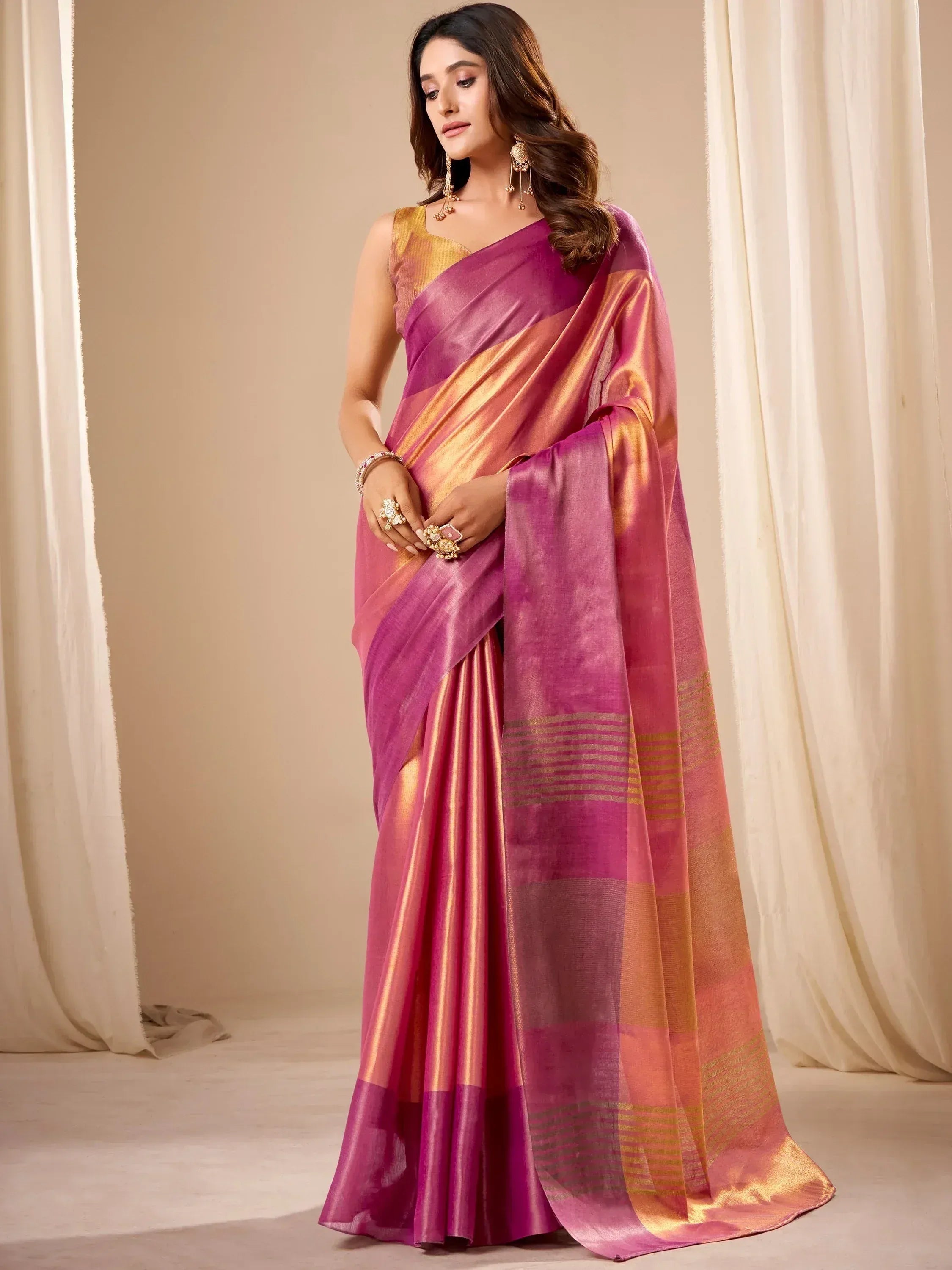Glowing Pink Zari Weaving Silk Wedding Wear Saree With Blouse
