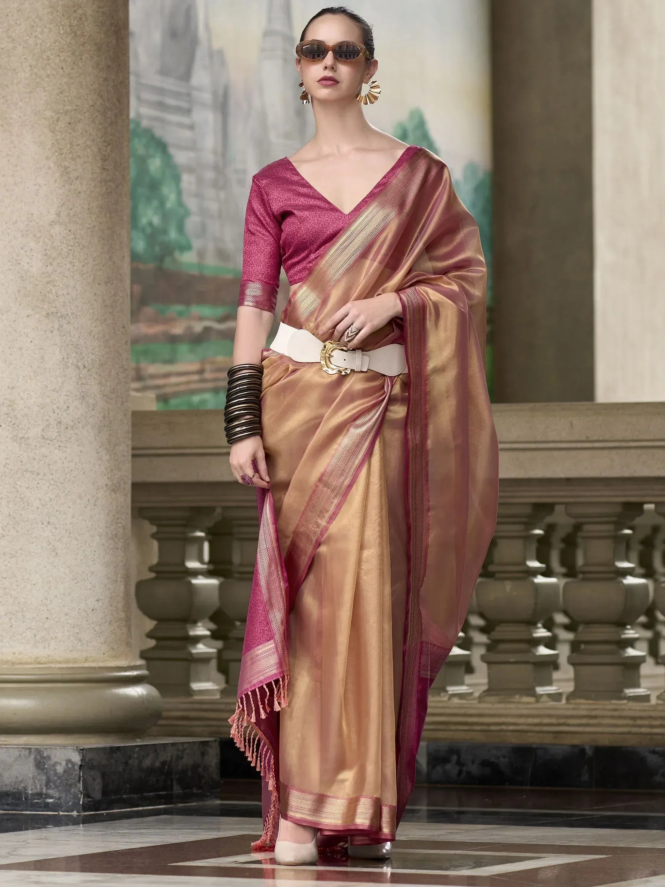 Elegant gold and pink silk saree with designer blouse, perfect for Indian ethnic wear occasions