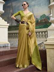 Desirable Golden Zari Weaving Tissue Event Wear Saree With Blouse