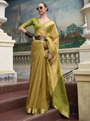 Desirable Golden Zari Weaving Tissue Event Wear Saree With Blouse