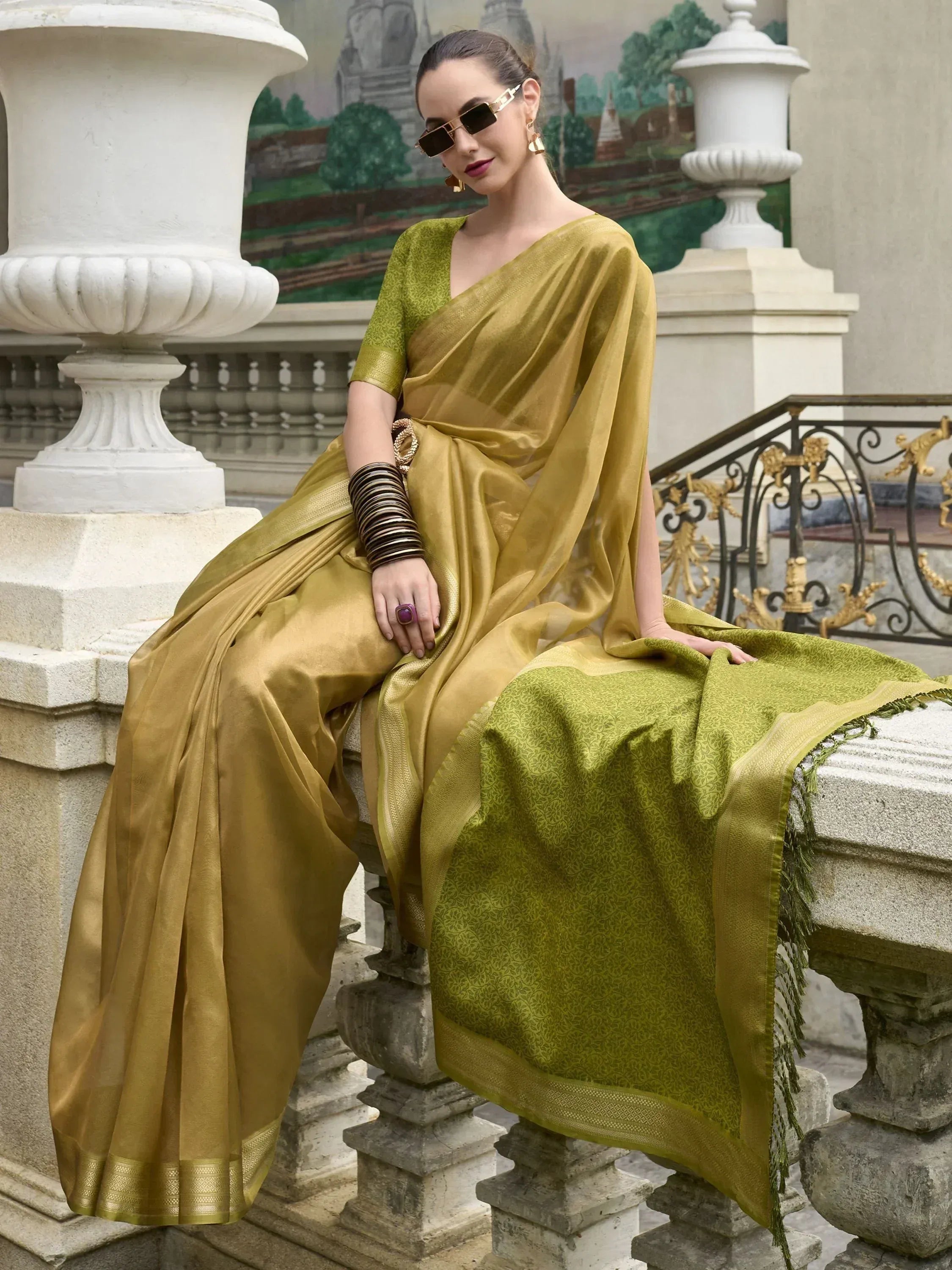 Desirable Golden Zari Weaving Tissue Event Wear Saree With Blouse
