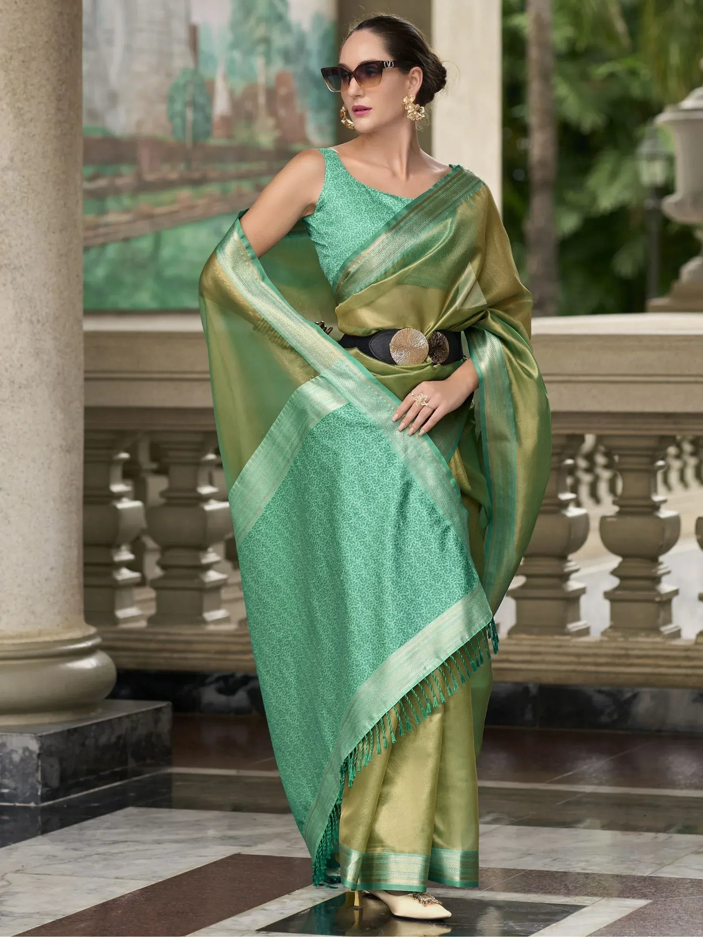 Beloved Green Zari Weaving Tissue Wedding Wear Saree With Blouse