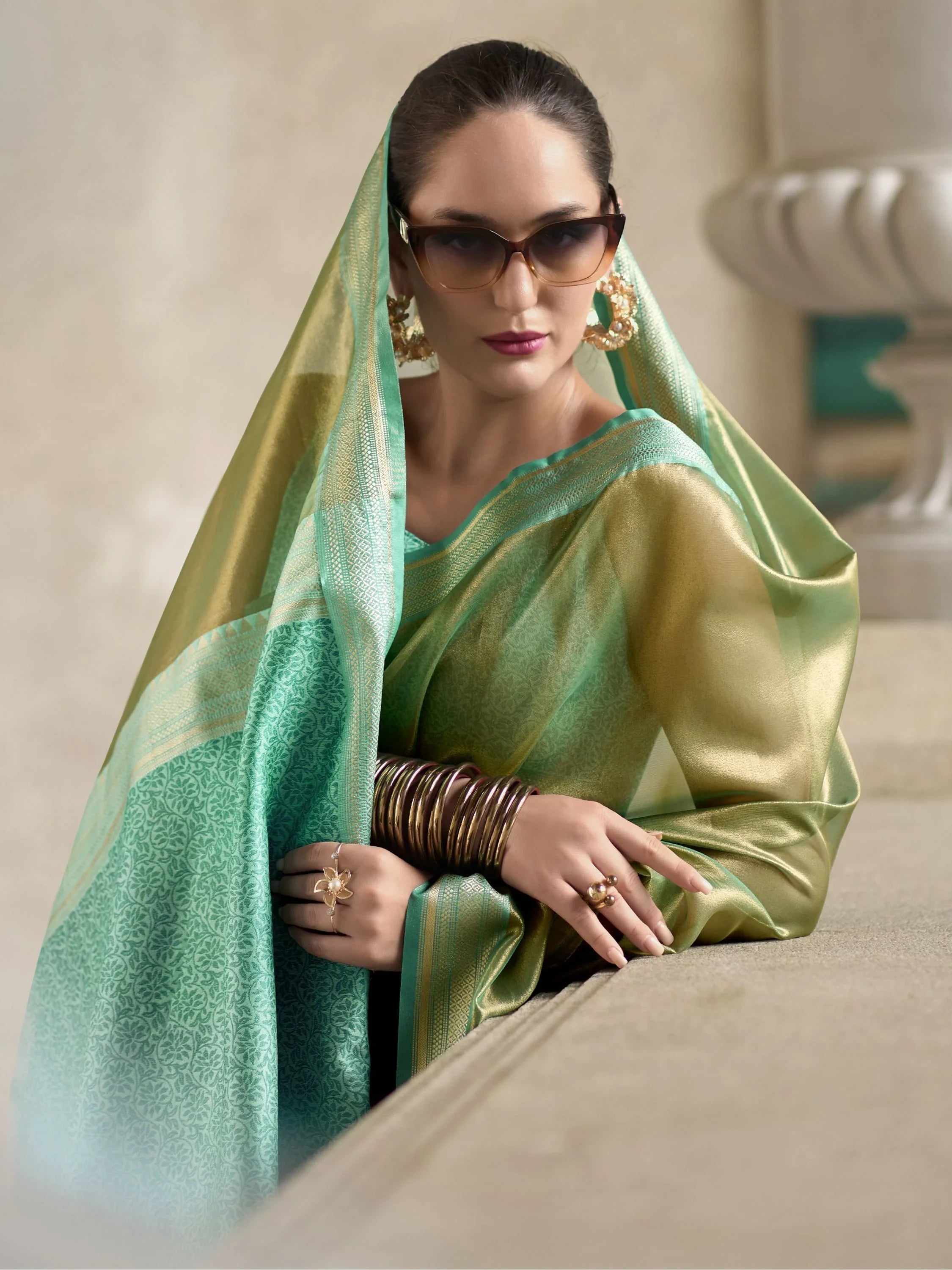 Beloved Green Zari Weaving Tissue Wedding Wear Saree With Blouse