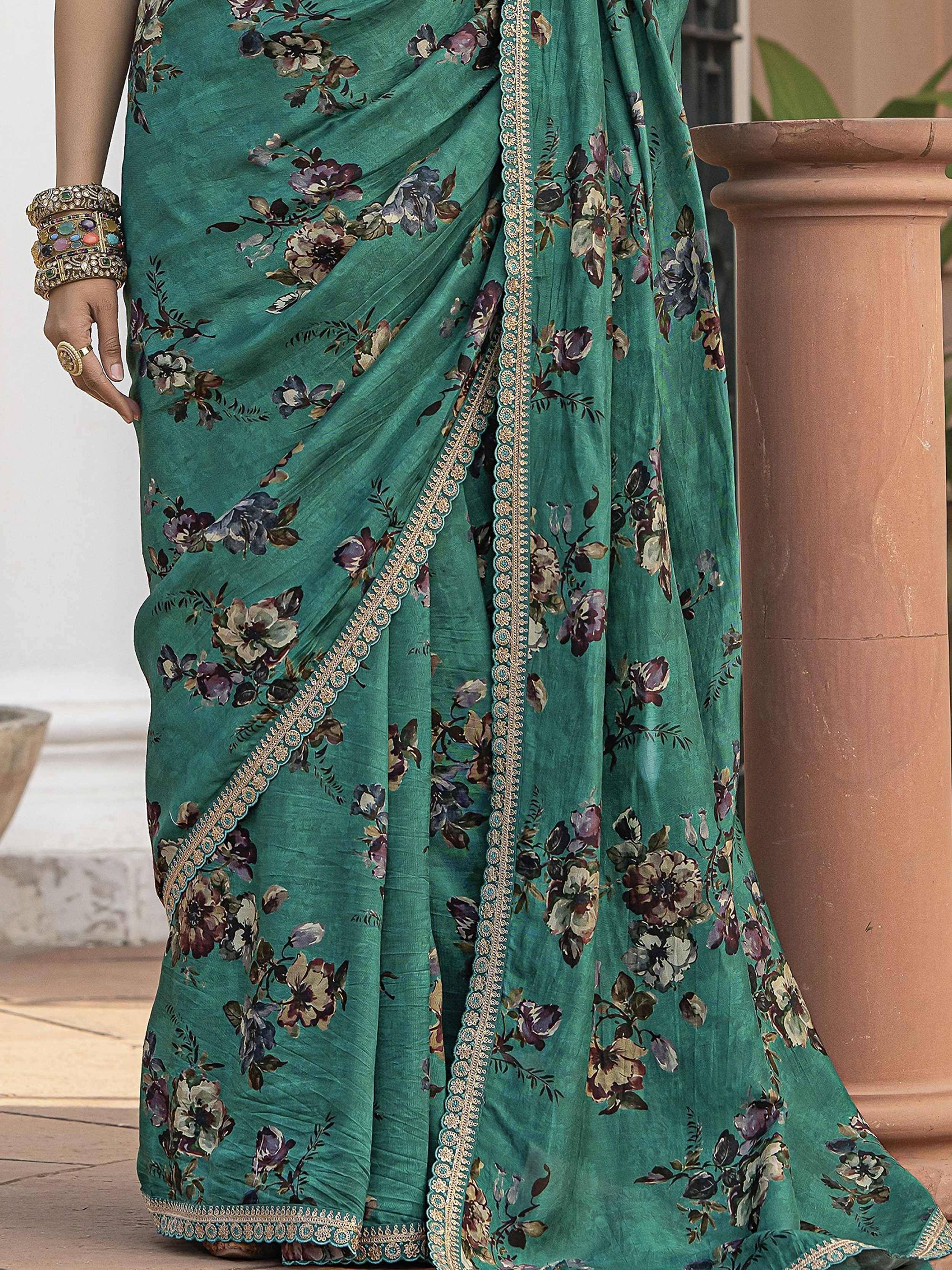 Teal floral saree with gold border, Indian ethnic wear, designer saree with traditional print