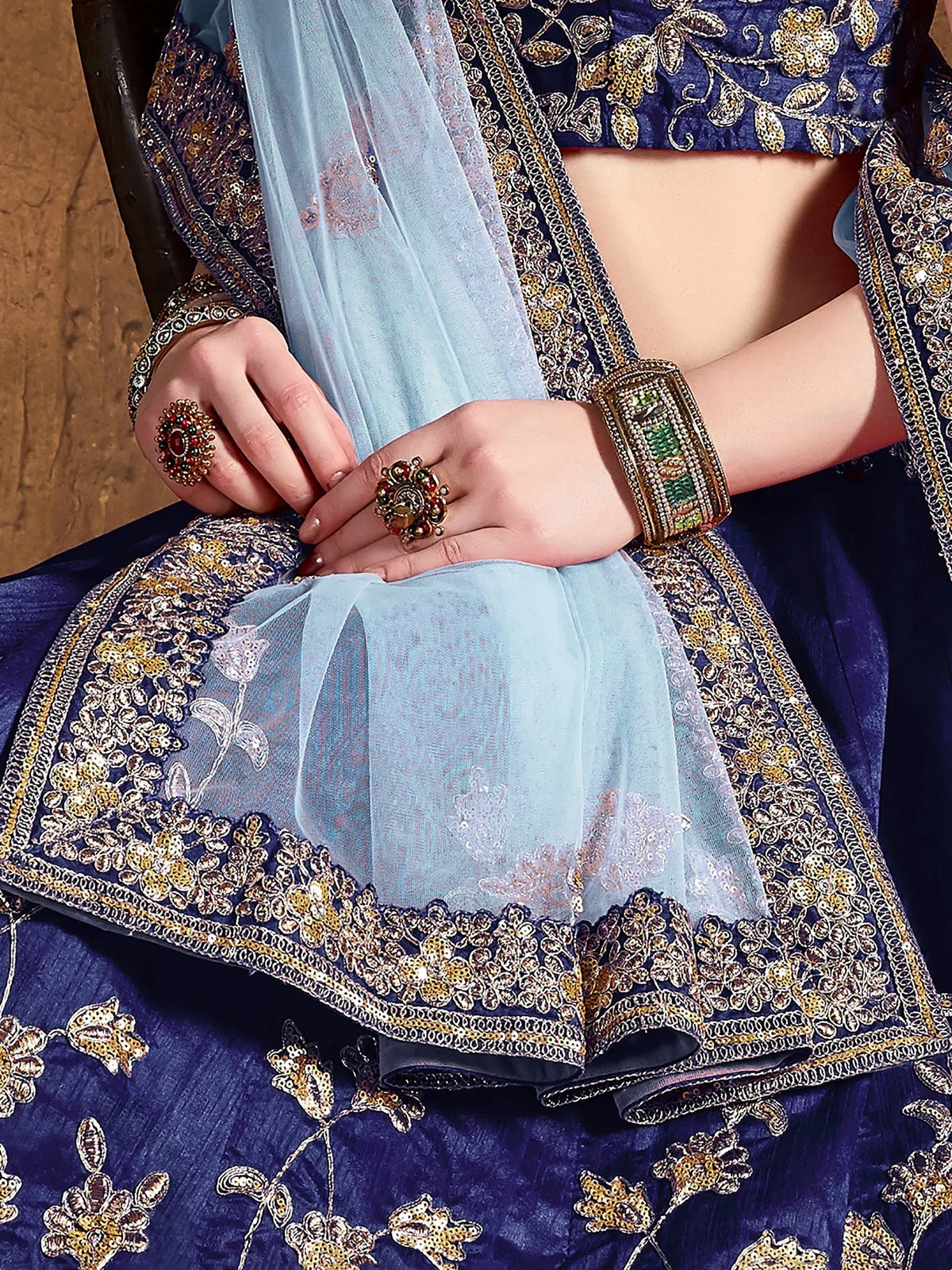 Attractive Blue Embroidered Silk Bridesmaid Plus Size Lehenga Choli