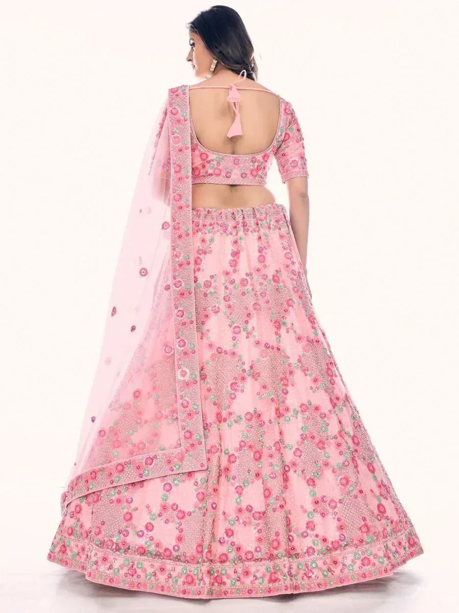 Pink floral embroidered lehenga choli with backless blouse and dupatta, ethnic Indian wear