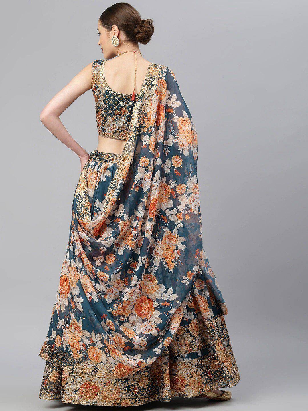 Blue floral lehenga choli with gold embroidery, back view, ethnic Indian wear