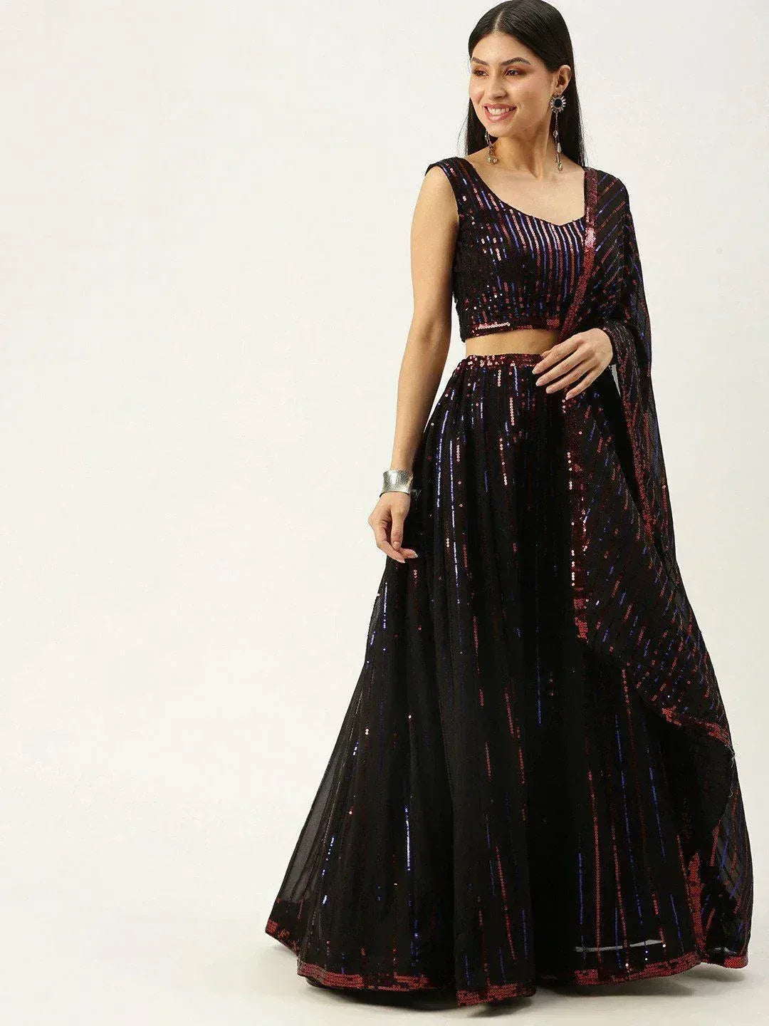 Black sequin lehenga choli with shimmering stripes, perfect for Indian ethnic wear events